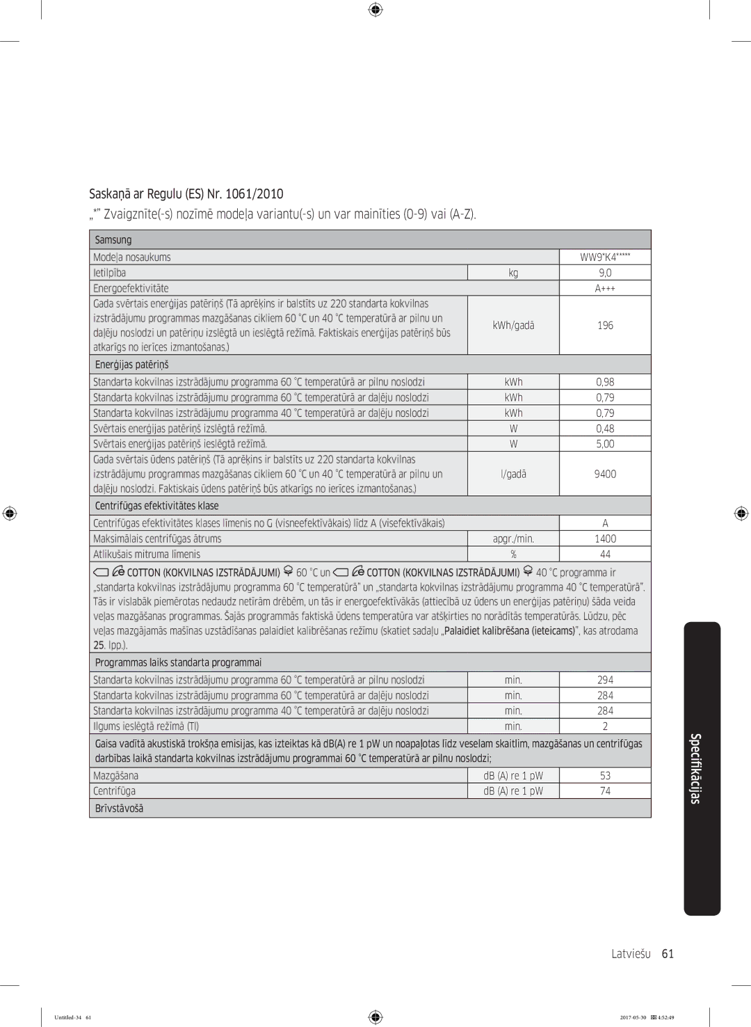 Samsung WW80K44305X/LE, WW70K44305W/LE, WW90K44305W/LE, WW80K44305W/LE manual Latviešu 61  